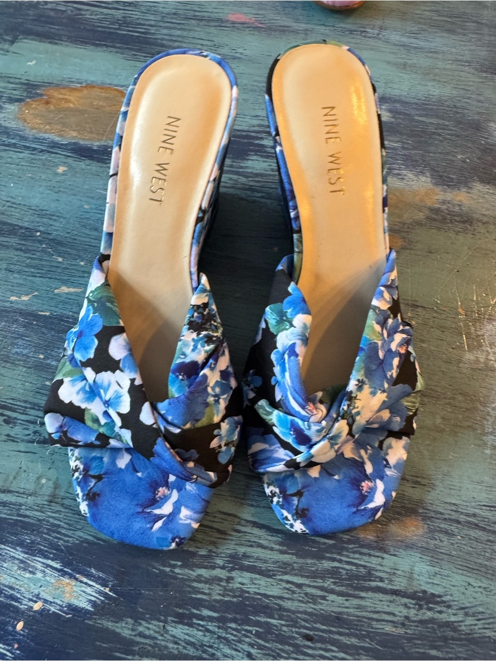 Nine West Blue Floral Knot-Front Slide Mules